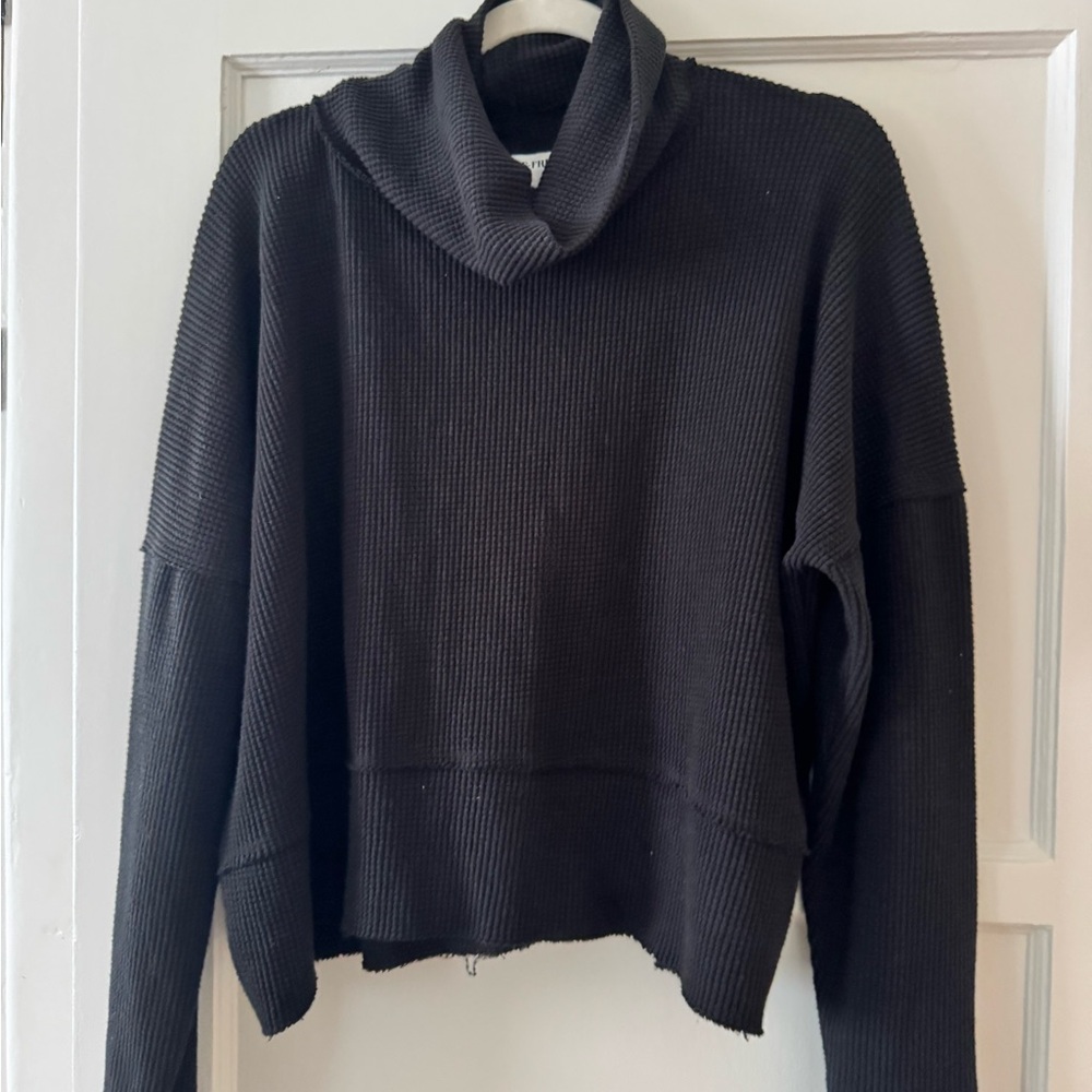Free People Women's Black Waffle Turtleneck Sweater